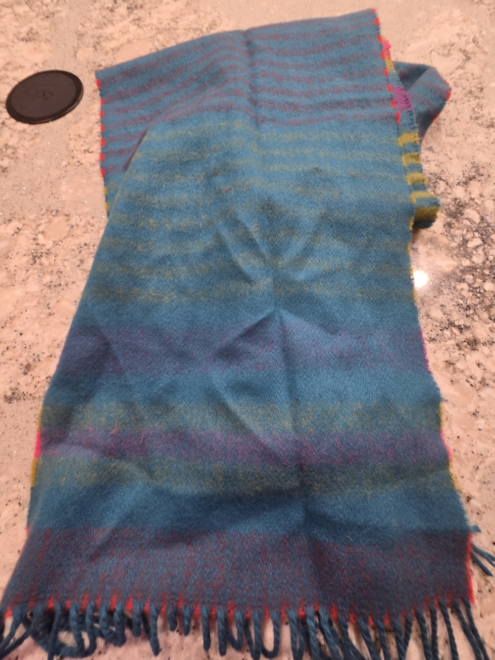 100% Cashmere Stripe Scarf Blue, Red, Green Scotland Made - Picture 6 of 6